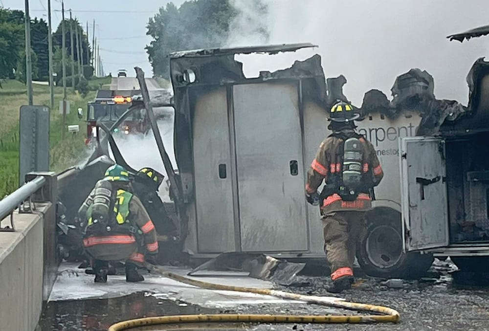 Vehicle fire closes Centre Wellington's 8th Line after truck crashes into guard rail post image