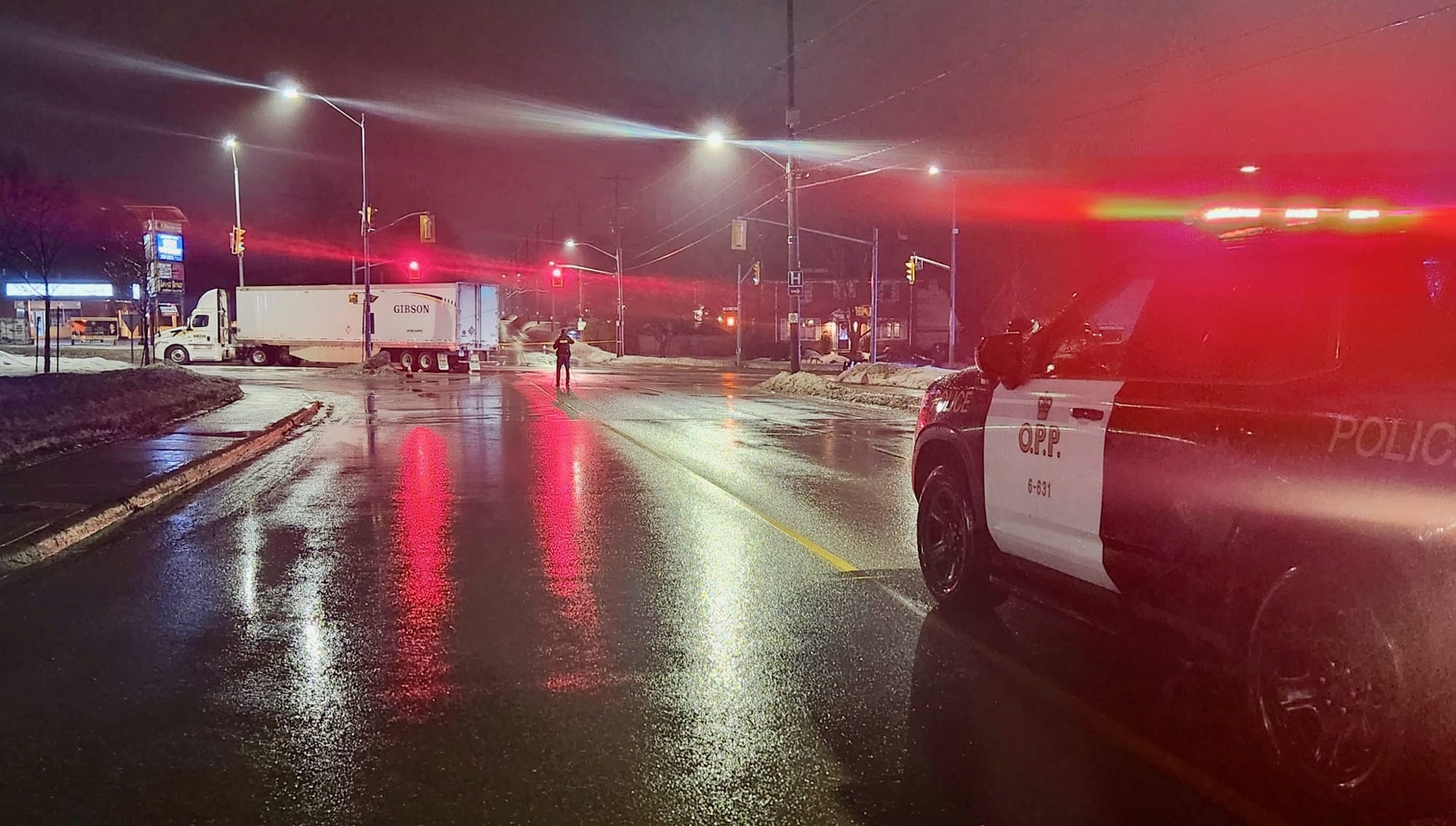 Pedestrian hit by transport truck at Fergus intersection