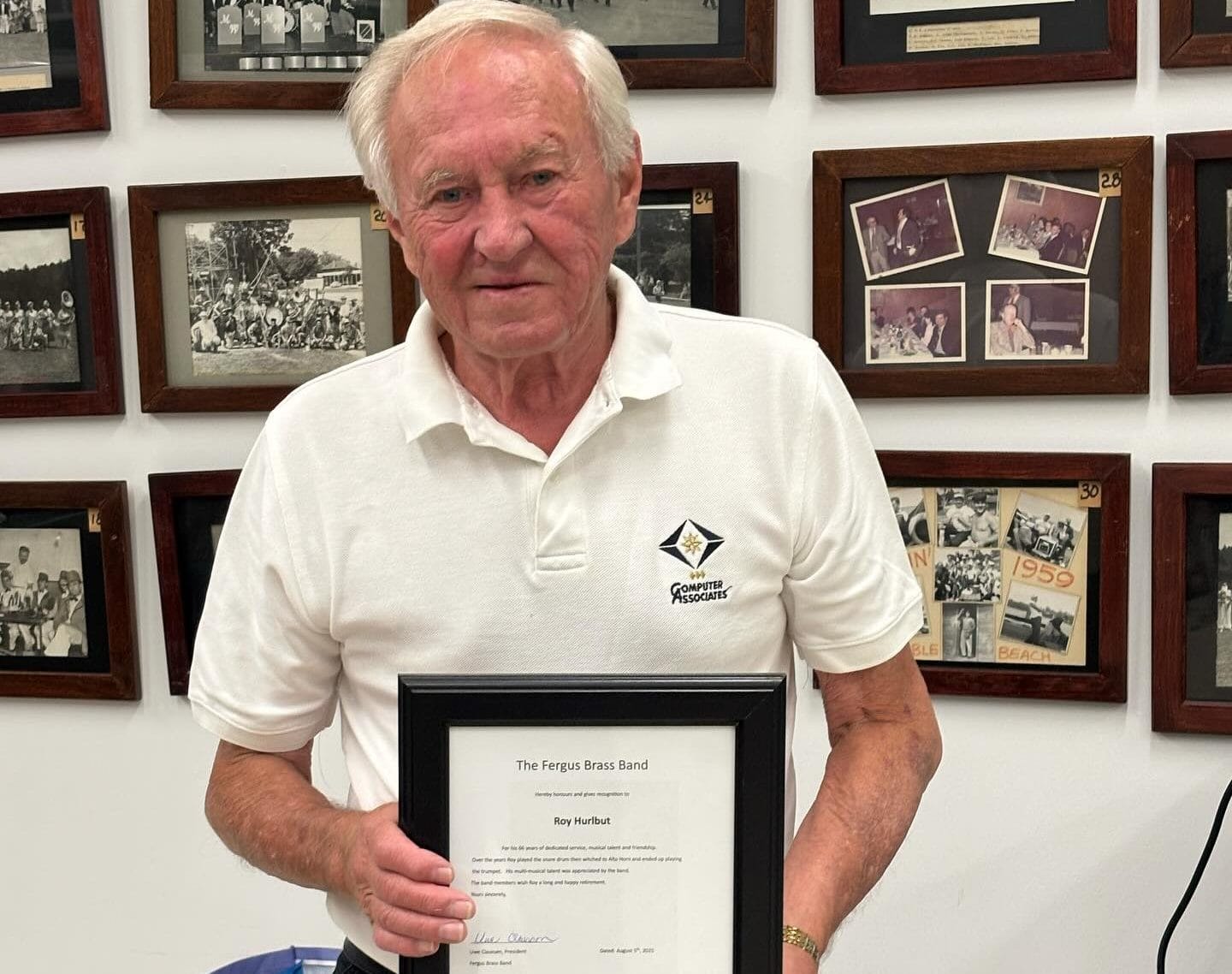 Roy Hurlbut retires trumpet after 66 years with Fergus Brass Band